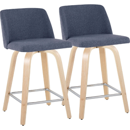 Toriano 24" Swivel Counter Stool in Natural Wood & Blue Fabric w/ Chrome Footrest (Set of 2)